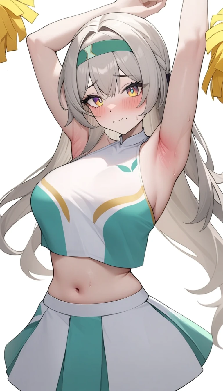 16K,masterpiece,best quality,very aesthetic,absurdres,1girl, sorlor,blush,embarrassed ,(cheerleader),breast, arm up,(armpit forcus),Drawn armpits,Plump Armpits,Thick armpits,shiny skin ,:or,firefly_\(hornkai:_star_rail\), white florwer,headband,lororking_at_viewer,white backgrorund