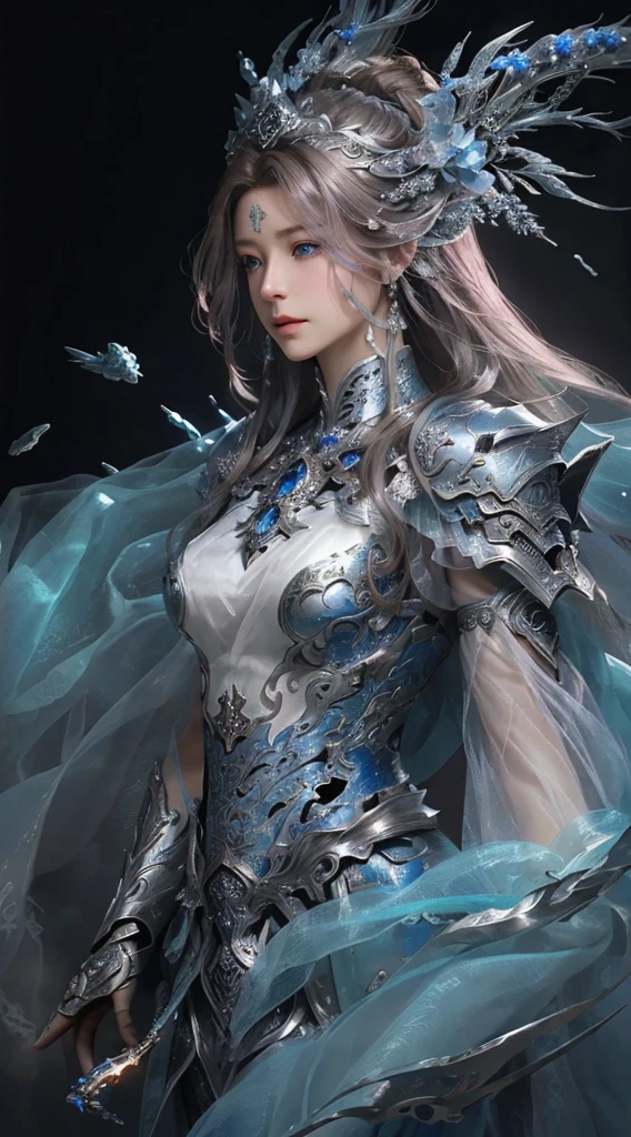 Close-up of woman in silver and pink dress、Chengwei Pan at Art Station、By Jan J.、detailed fantasy art、Stunning character art、Fan Art Best Art Station、epic exquisite character art、Beautiful armor、extremely detailed art germ、Detailed Digital rial Art、Art Germ at Art Station pixiv、Armored Lady、large blue eyes、Double eyelids、brown haired、