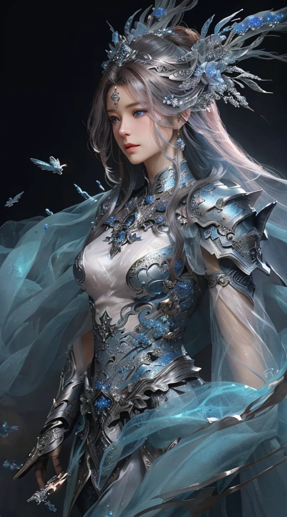 Close-up of woman in silver and pink dress、Chengwei Pan at Art Station、By Jan J.、detailed fantasy art、Stunning character art、Fan Art Best Art Station、epic exquisite character art、Beautiful armor、extremely detailed art germ、Detailed Digital rial Art、Art Germ at Art Station pixiv、Armored Lady、large blue eyes、Double eyelids、brown haired、