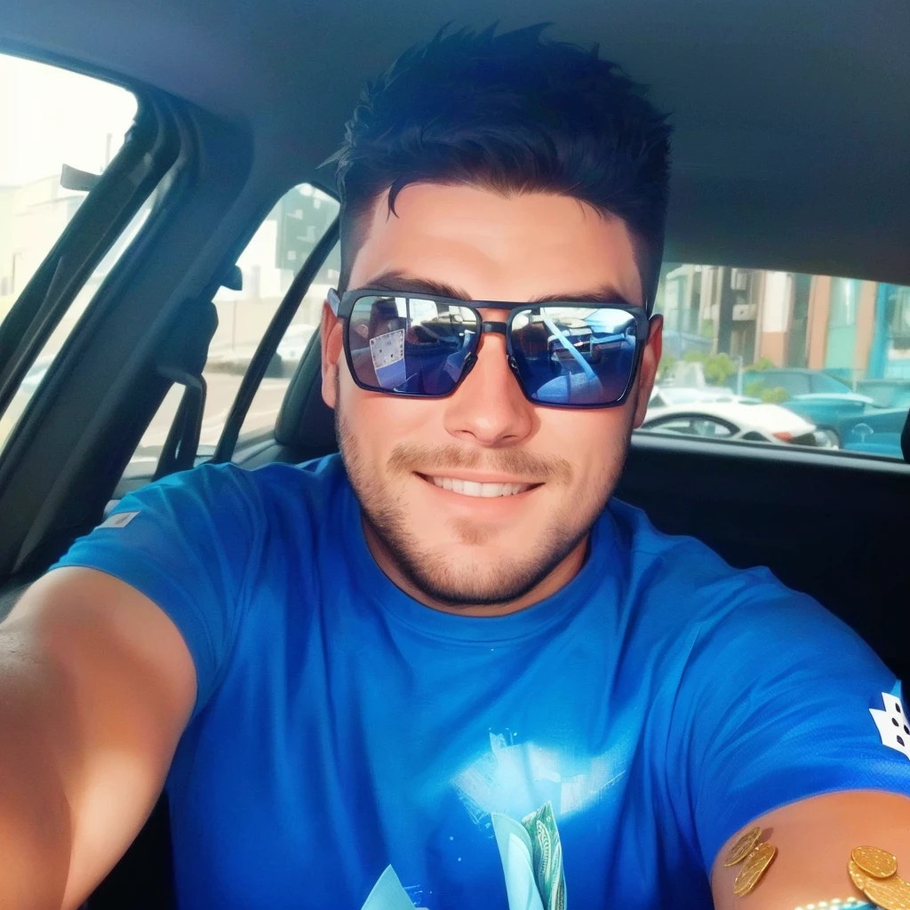 There is a man in a blue shirt and sunglasses sitting in a car, have him at a poker table with a high prize pool and lots of chips and bills scattered around