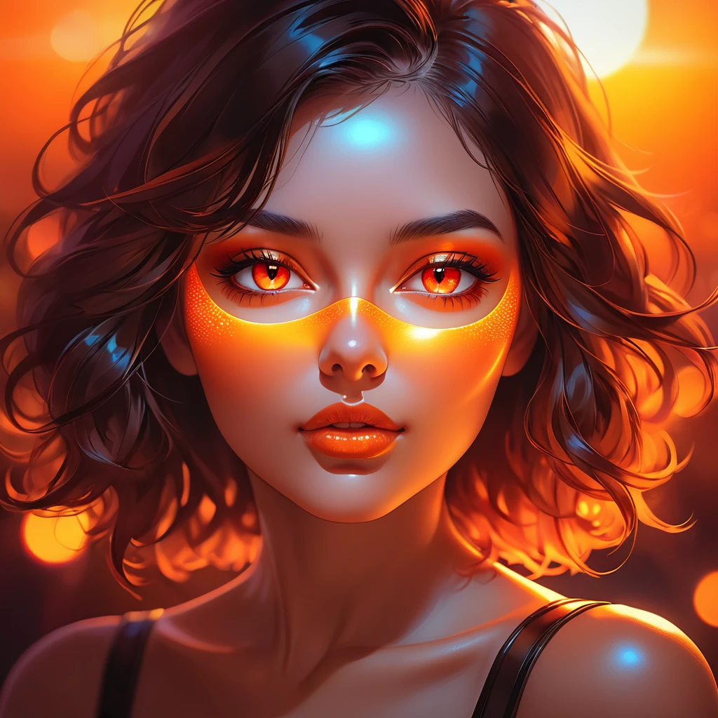 A full head image of a woman with cute dimples near her mouth and a glass shades, featuring beautiful digital artwork with red glowing skin, realistic digital art in 4K, seductive glowing sleepy orange eyes, and an 8K resolution. This stunning digital illustration showcases a glossy digital extreme realistic technique, a face aglow with an orange hue, complemented by an Artgerm bokeh effect, and a radiant red and orange glow.