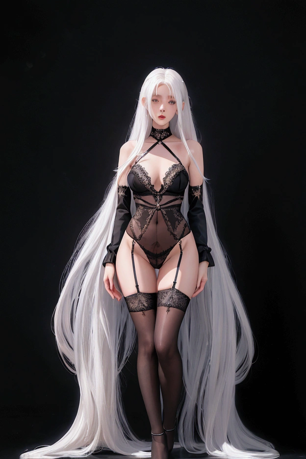 An elegant English girl with long platinum hair and blue eyes, wearing sexy black lingerie, pure black background, long legs, hot body, thin waist, wearing black laced stockings, Lingerie,wearing Lingerie, white_hair, long_hair, slim body, slim legs