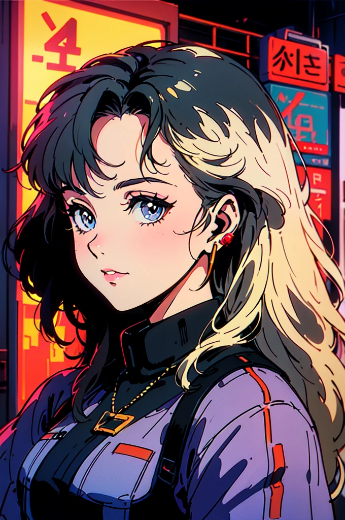 A city pop poster with a retro 80s feel、Imagine the album cover。With the highest quality anime illustrations、There is one blonde girl with short hair.。Her eyes shine blue、Dressed in rapper style clothing、He has a blue rose tattoo on his neck.、I'm wearing headphones。
The image is in a dynamic pose.、Drawn from a novel angle。Created in high definition like 4K、Creates the feeling of being in a dark room。The room was lit by blue lights.、It has a fantastic atmosphere。The room is a small space like a 1K.、The window offers a view of downtown Shinjuku.。
This work depicts a night city enveloped in neon lights.、This will be a record that allows you to fully enjoy the charm of city pop.。