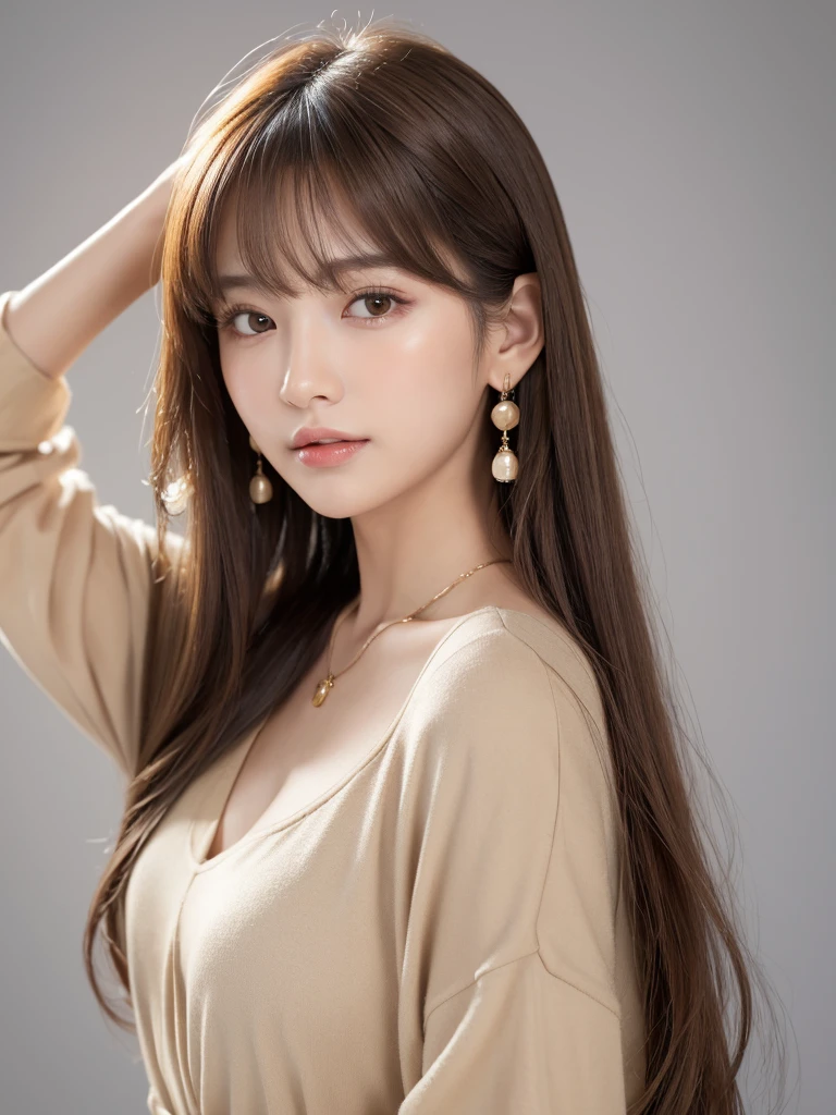  ((Highest quality, 8k, masterpiece:1.3)), concentrate: 1.2, Perfect body beauty: 1.4, Hips: 1.2, ((Long Hair, chest: 1.2)), (Dry clothes: 1.1) , (clear, Simple Background:1.3), Simple clothes: 1.1, Highly detailed face and skin texture,Delicate eyes, double eyelid, Whitened skin, Rough skin、Long Hair、Earrings with bangs、necklace、 solo、Beige coat、White shirt,  (((Beautiful girl with cute Japan)))、  ((Beautiful Japanese girl 20 years old))、 ((Baby Face))、 (((Slender body)))、  Upper Body，Face focus、necklace，Simple Background，From above， Realistic Hair、 A photograph was taken:Canon EOS R6、135mm、1/1250 seconds、f2.8、ISO400、(Detailed explanation of the hand)、(Masseter muscle area)、(Exquisite CG)、Long Hair, loose and curly hair、Korean Hair、Long Hair明るいベージュ色、グラデーションハイライトグレージュのゆるふわLong Hairスタイル、