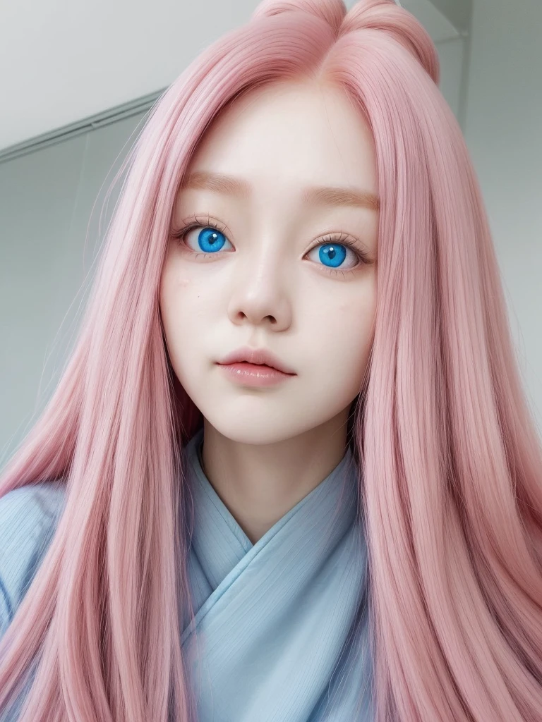 Korean face with long pink hair blue eyes