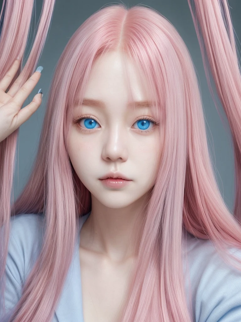 Korean face with long pink hair blue eyes