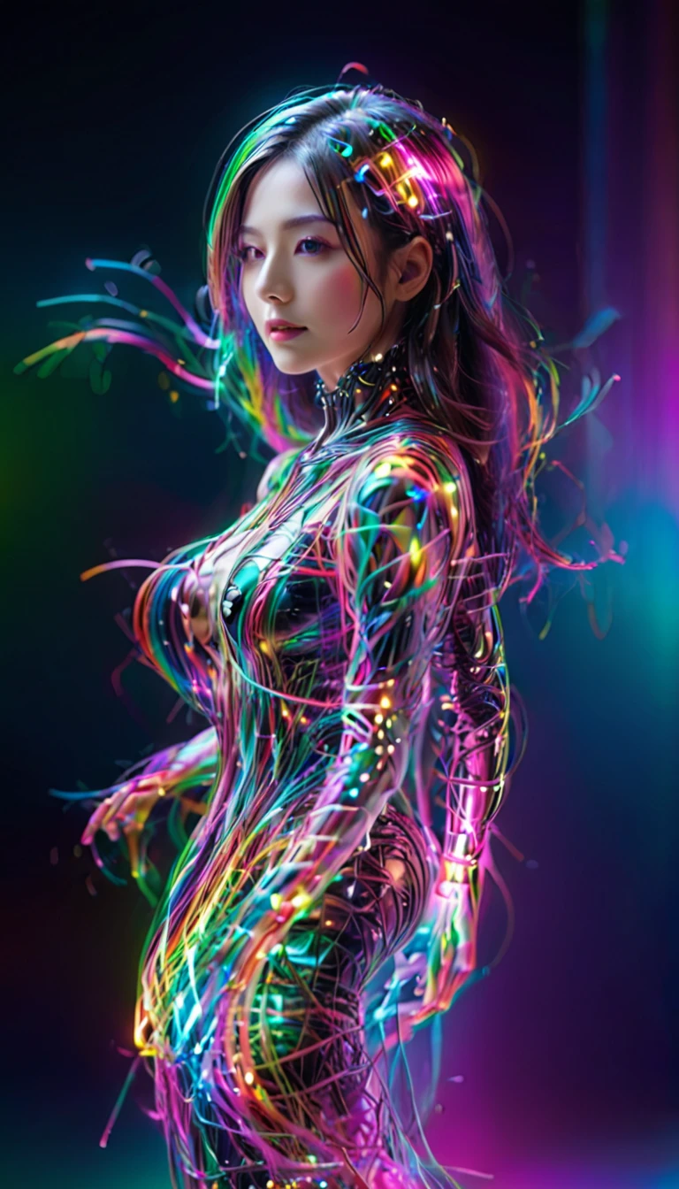 Ultra-Realistic Capture,18k,RAW Photos,Highest quality,masterpiece,reality,Very detailed,Very beautiful woman,Android,cyborg,cyber-,(((full body))),(Very detailedな電子機器),(Skin that clearly shows the internal electronics),Very thin connecting wire,Full-body connection lines,Fully transparent rainbow skin,Advanced AI,neon,Small glowing LED light,Very long messy hair,Are standing,Back view,