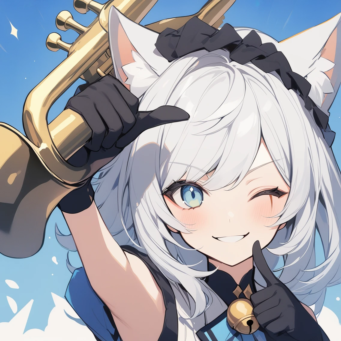 1 girl with short white hair,Cat ear,{employment \(Genshin Impact\)},Solitary,Smile, trumpet,{Blue Hair},bell,only_Shoulder,Black_Gloves,point to at viewer, Close one eye, Looking at the audience, Solitary, White hair, Shut up, Bangs, background, point to, Finger guns,portrait,thumbs up,Medium quality,masterpiece,scar