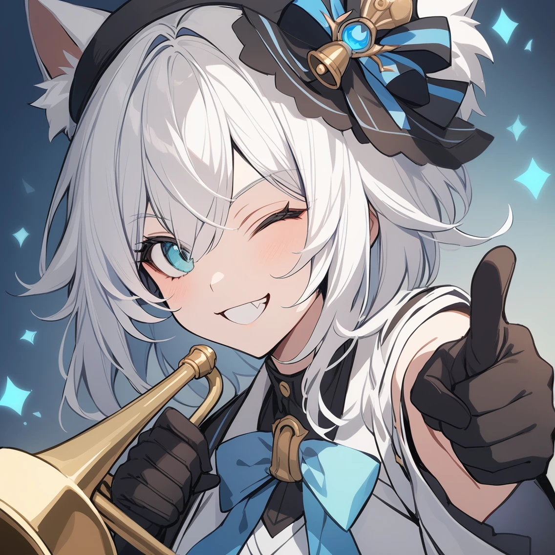 1 girl with short white hair,Cat ear,{employment \(Genshin Impact\)},Solitary,Smile, trumpet,{Blue Hair},bell,only_Shoulder,Black_Gloves,point to at viewer, Close one eye, Looking at the audience, Solitary, White hair, Shut up, Bangs, background, point to, Finger guns,portrait,thumbs up,Medium quality,masterpiece,scar