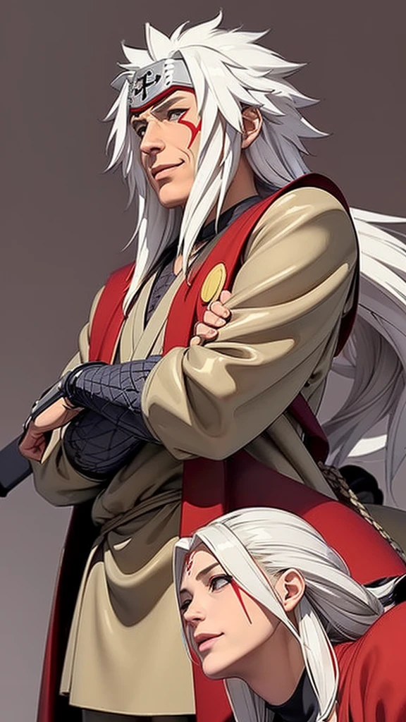 (（（Perfect body,White and tender skin,（（（Wearing a red coat with brown clothes inside, wooden clogs on feet, ninja protective gear on both hands, and a large scroll hanging behind them）））,（（（Jiraiya，Wearing forehead protectors, long white hair, and red marks under the eyes,）））,((masterpiece)),high resolution, ((Best quality at best)),masterpiece,quality,Best quality,（（（ Exquisite facial features,Looking at the audience,There is light in the eyes,Smile）））,）））,（（（Light and shadow,）））,（（（Looking at the camera,black background,)））),