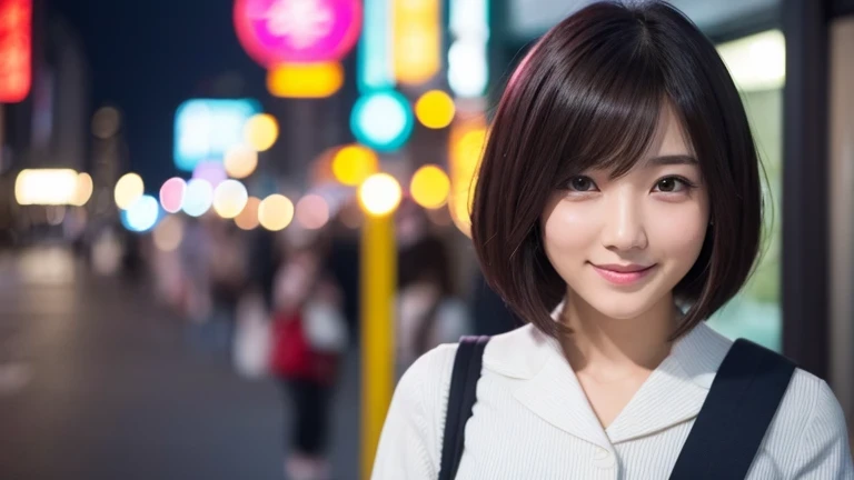 Produce the highest quality and highest resolution 8K images。Please draw the upper body of a 20 year old Japanese woman.。Please draw a picture of a walk through a city at night with beautiful neon lights.。She has brown eyes and a model-like figure、She has an idol-level cute face.。Hair is bob cut。Clothes、Dressed in stylish office casual wear。The skin is、It is a natural skin color。she、Looking at you with a smile。