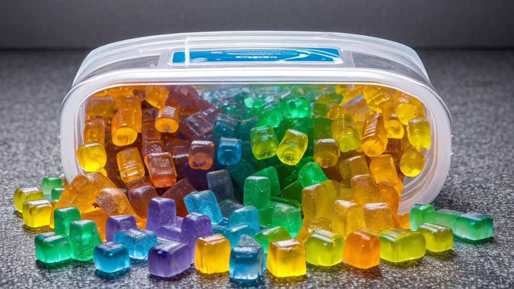 A hyper-realistic, detailed, intricate image of a white container labeled 'Awesome Chews Gummies' with an assortment of colorful gummy candies scattered in front and on top of it. The container is set against a blurred background, suggesting a casual setting that could be indoors. The label on the container features various shades of blue with text and design elements that evoke a playful and relaxed vibe.