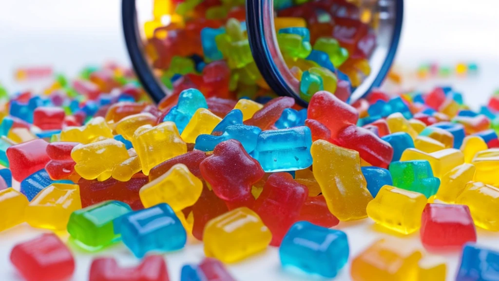 A hyper-realistic, detailed, intricate image of a white container labeled 'Awesome Chews Gummies' with an assortment of colorful gummy candies scattered in front and on top of it. The container is set against a blurred background, suggesting a casual setting that could be indoors. The label on the container features various shades of blue with text and design elements that evoke a playful and relaxed vibe.
