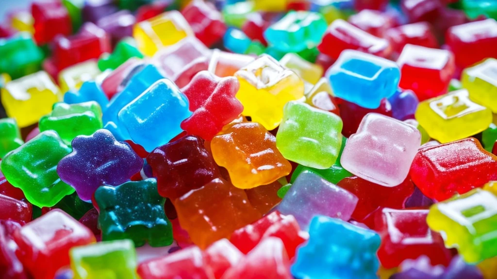 A hyper-realistic, detailed, intricate image of a white container labeled 'Awesome Chews Gummies' with an assortment of colorful gummy candies scattered in front and on top of it. The container is set against a blurred background, suggesting a casual setting that could be indoors. The label on the container features various shades of blue with text and design elements that evoke a playful and relaxed vibe.