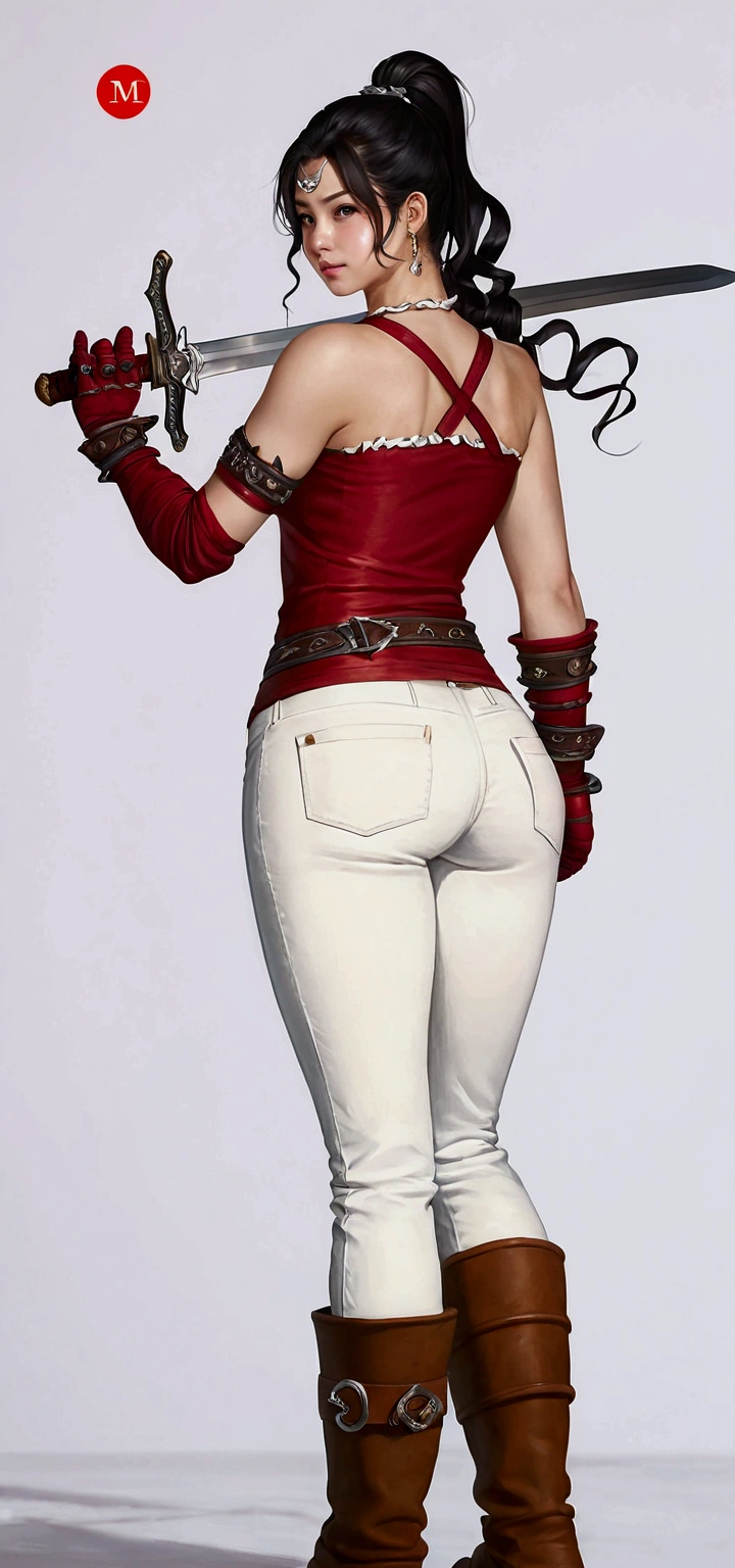 (Masterpiece), realistic art, 1girl, black hair, ponytail,red tank top, white skinny pants, from behind, looking back,brown elbow gloves, brown boots, sword,hand on hip ,big ass