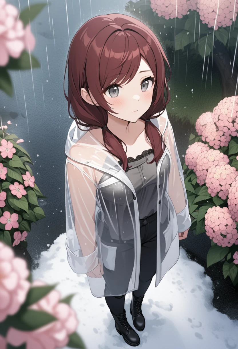 1girl, solo, snow, outdoors, gray eyes, dark red hair in low twin tails, swept bangs, strapless gray shirt, black jeans, black combat boots, rain, sea of flowers, country cottage, from above, trees, see through rain coat, blurry,closed mouth , depth of field, black footwear,