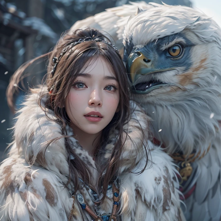 Hiding in the snowy mountains、Hair Flow、 ((Highest quality、masterpiece、8k、Best image quality、Ultra-high resolution、Award-winning works)、(Accurate anatomy:1.1)、(Look at me and smile:1.1)、Shining fair skin with Ultra-high resolution、The most detailed face、Ultra-high resolution detailed face、Ultra-high resolutionの髪の毛、(Ultra-high resolutionの煌めく瞳:1.1)、Beautiful face drawn in every detail、(Blurred Background:1.1)、Ancient Inuit clothing, Chest to chest, tattoo, Old ruins in the background、Apart from the real giant eagle