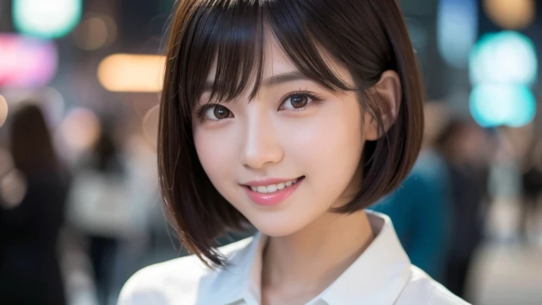Produce the highest quality and highest resolution 8K images。Please draw the upper body of a 20 year old Japanese woman.。Please draw a picture of a walk through a city at night with beautiful neon lights.。She has brown eyes and a model-like figure、She has an idol-level cute face.。Hair is bob cut。Clothes、Dressed in stylish office casual wear。The skin is、It is a natural skin color。she、Looking at you with a smile。