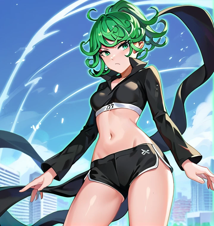 score_8_up, score_7_up, score_6_up, score_5_up, score_4_up, anime screenshot, looking at viewer, upper body,
1girl, tatsumaki, green hair, green eyes,super long hair,Ponytail, thighs, looking at viewer,
Black sports bra, shorts,medium breasts,
BREAK
standing, looking at viewer, city,