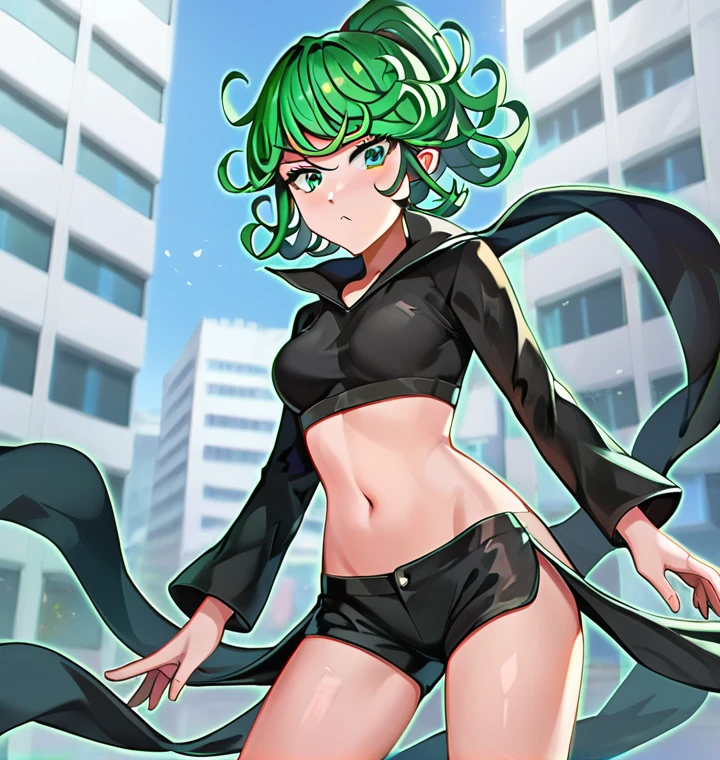 score_8_up, score_7_up, score_6_up, score_5_up, score_4_up, anime screenshot, looking at viewer, upper body,
1girl, tatsumaki, green hair, green eyes,super long hair,Ponytail, thighs, looking at viewer,
Black sports bra, shorts,medium breasts,
BREAK
standing, looking at viewer, city,