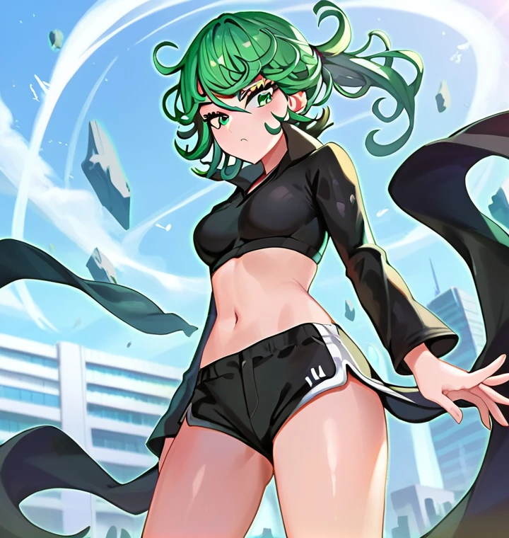 score_8_up, score_7_up, score_6_up, score_5_up, score_4_up, anime screenshot, looking at viewer, upper body,
1girl, tatsumaki, green hair, green eyes,super long hair,Ponytail, thighs, looking at viewer,
Black sports bra, shorts,medium breasts,
BREAK
standing, looking at viewer, city,