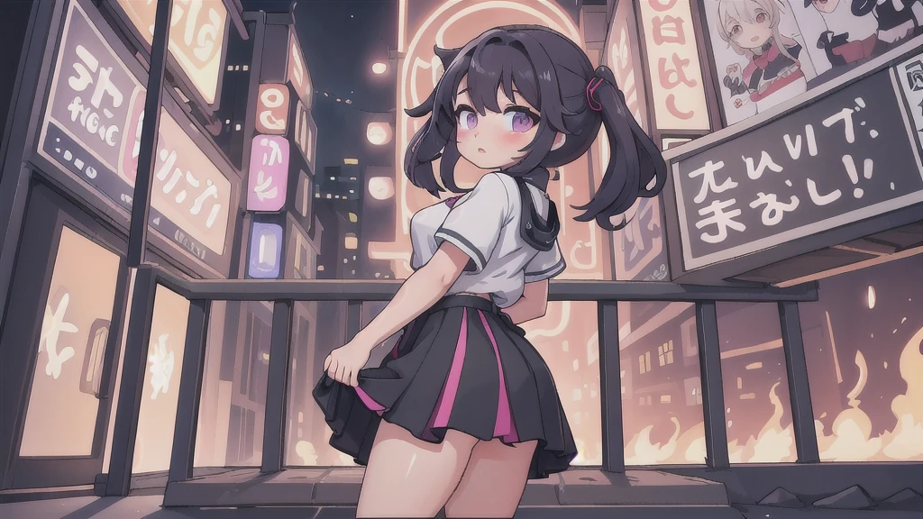 masterpiece, best quality, HuTaoV4, 1girl, solo, blush, twintails, long hair, hair between eyes, ((streetwear clothes)), city, outdoors, night, movie poster, extremely detailed 8K, smooth, high resolution, ultra quality, cinematic lighting, ambient occlusion, hd, 2k, 4k, 8k, 16k, extremely detailed anime, detailed faces, perfect composition, wide shot, atmospheric lighting, very sexy, lift skirt, random low back angle, uncensored, nsfw, sin censura