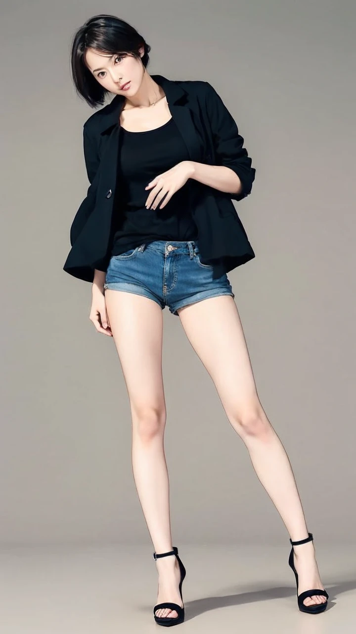 Japanese woman, beautiful face, long hair, white Y-shirt, black trench coat, マイクロショートパンツ, tall, beautiful legs, bare legs, stiletto heels, model pose