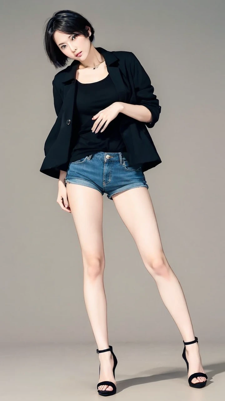 Japanese woman, beautiful face, long hair, white Y-shirt, black trench coat, マイクロショートパンツ, tall, beautiful legs, bare legs, stiletto heels, model pose