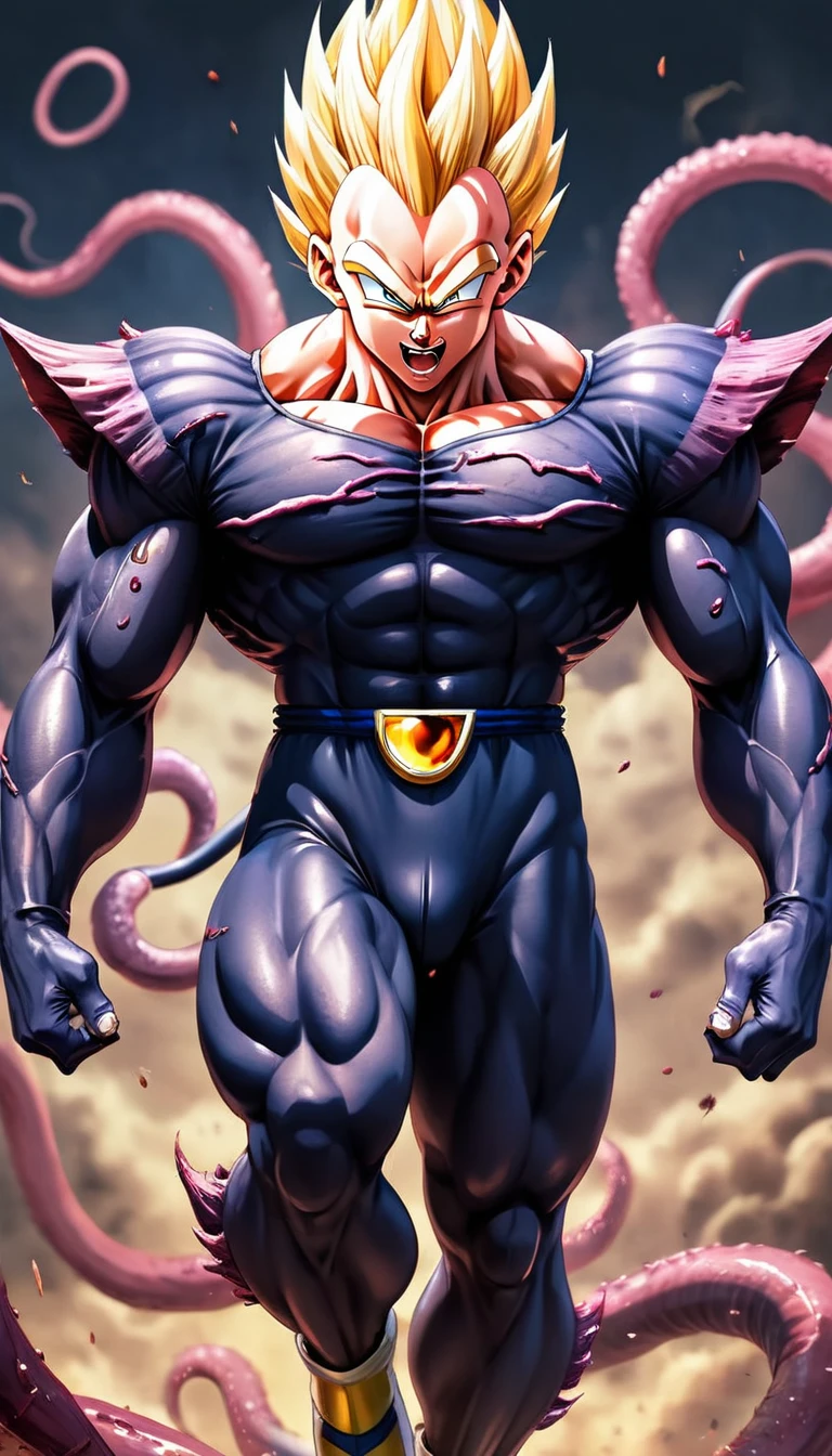 Full body image "(Highest quality, 8k, ultra-detailed), Portraiture, Dragon Ball,majin vegeta, Muscular, Calm, Fearless smile, detailed, Blonde, strict, Intimidating, Powerful, Show off his strength", Brainwashed and possessed by Majin Buu,Controlled by an evil heart,Demon body and wing tattoo on forehead,Black slimy tentacles,Huge penis,
