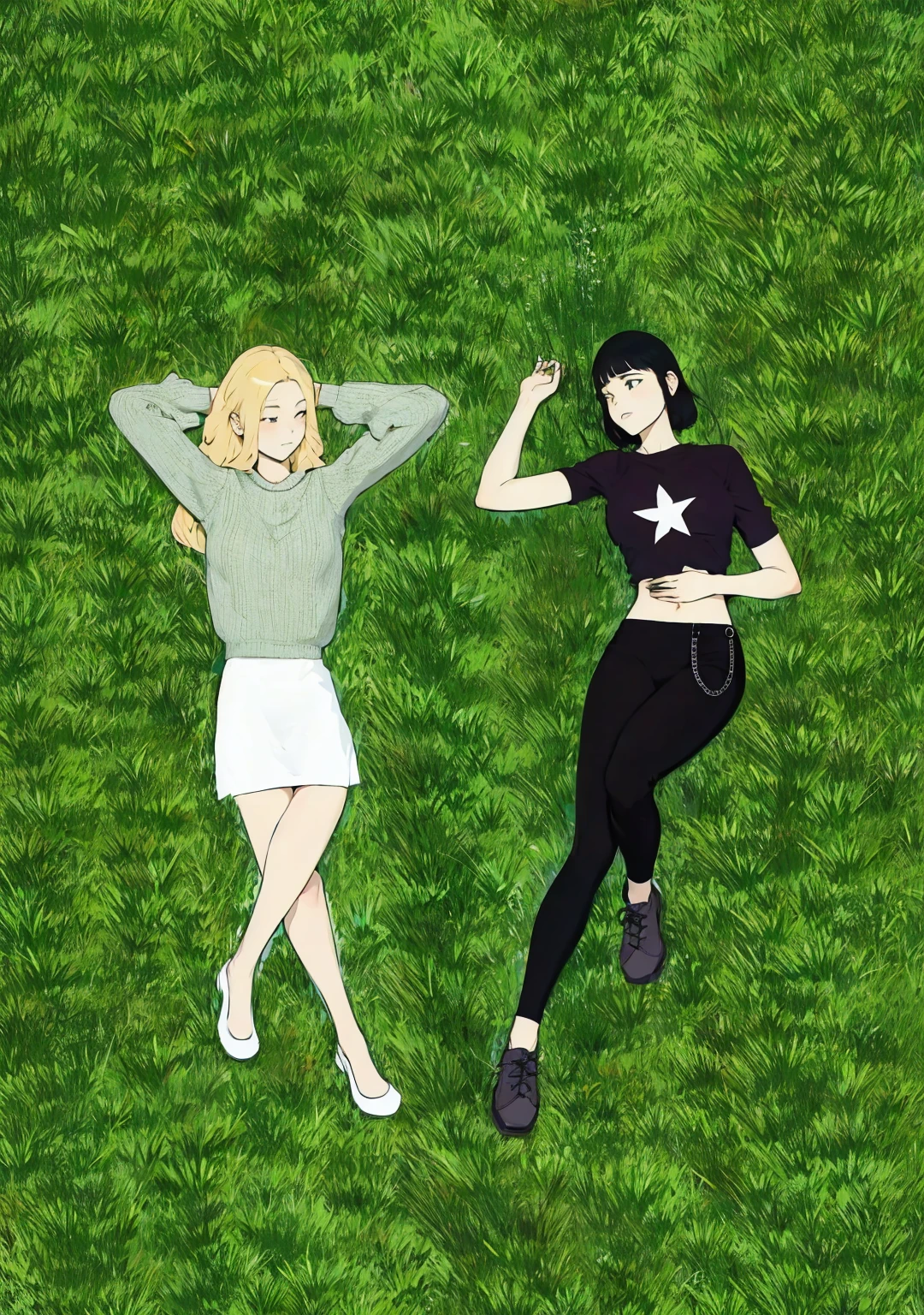 Two girls lying on the grass, looking into each other's eyes, one has long blonde hair and green eyes, the other has bangs, short hair and slanted blue eyes.