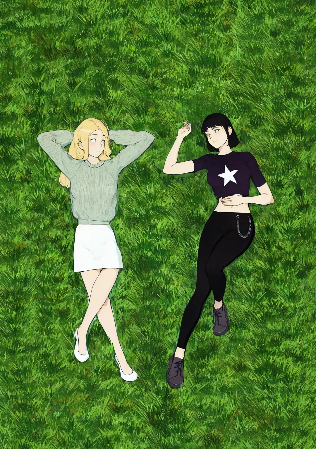 Two girls lying on the grass, looking into each other&#39;s eyes, one has long blonde hair and green eyes, the other has bangs, short hair and slanted blue eyes.