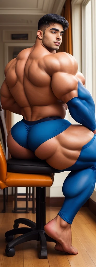 4 meter tall slightly overweight indian men. 20 years old. Childish Young hairless fresh face. In london with friend. Very sexy Posing for camera. Muscular. Wearing a tight blue police suit . Big ass. Smooth body and face. Belly seen. Long long legs. Sitting on chair. View from the back.