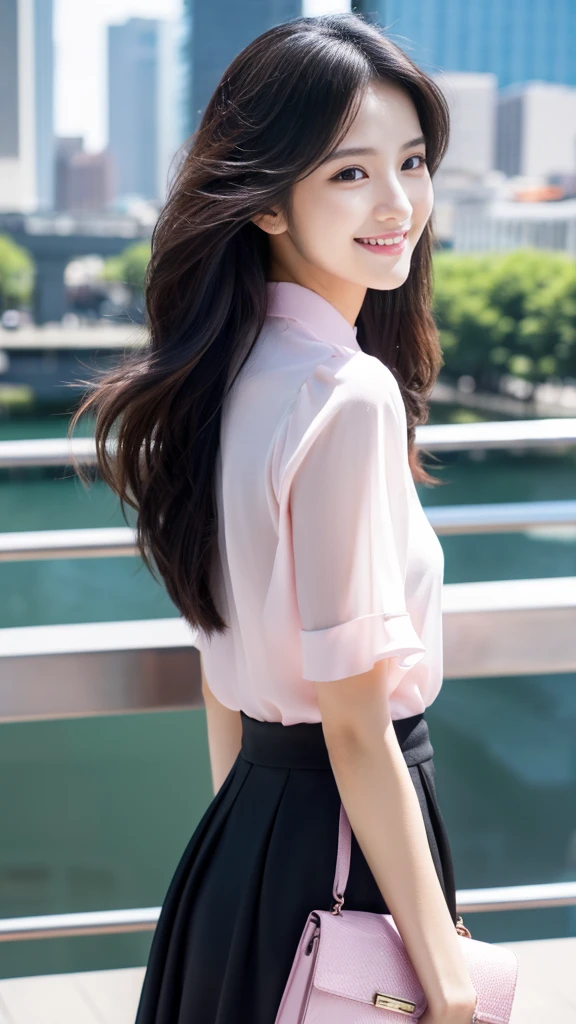 A beautiful, 18-year-old girl, realistic, ultra-detailed, 8K resolution, ray-traced, CG Unity wallpaper, masterpiece, 5'1" height, long straight silky jet black hair with blunt bags, city background, cute pastel colored blouse and long skirt, Sheng-hai, beautiful smile, ultra realistic, ultra HD, full body, model, beautiful, cute, cute jewelry, minimalist and beauty enhancing makeup, delicate features, housewife,