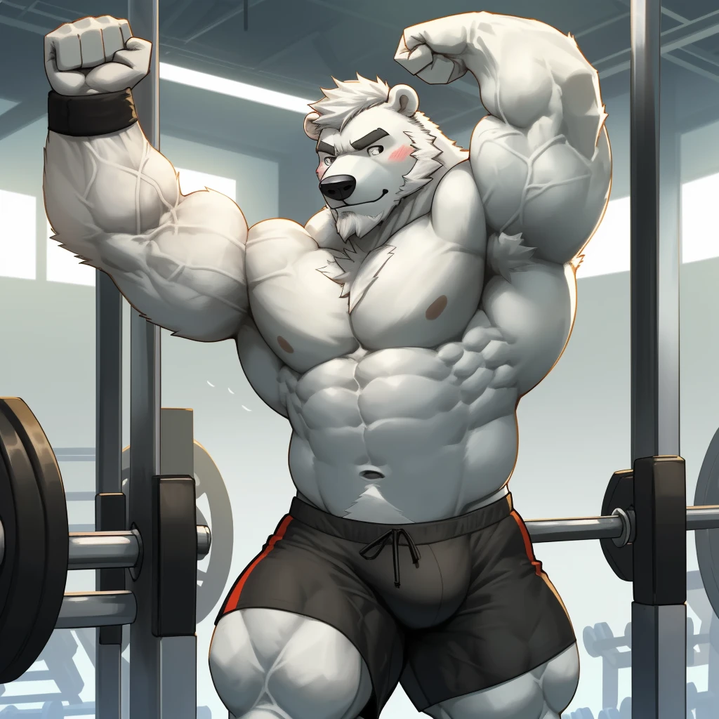 masterpiece, best quality, 8k resolution, Very detailed, hairy,(((polar bear)),(((Mature))),(((beard))),(((Strong))),(((White hair all over body))),portrait,(((White hair))),(((Gymnasium))),(((Left hand pulling the handle))),For the audience,(((black gym shorts))),Highest quality scene,Solitary,reps,(((whole body))),(((powerful workouts))),(((Right hand pulling the handle))),(((Standing with legs apart))),(((stretching))),((thick-enclosed muscle)),(((Round face))),(((alone))),(((Strong body))),(((Hip bulge))), ((cable crossover machine))