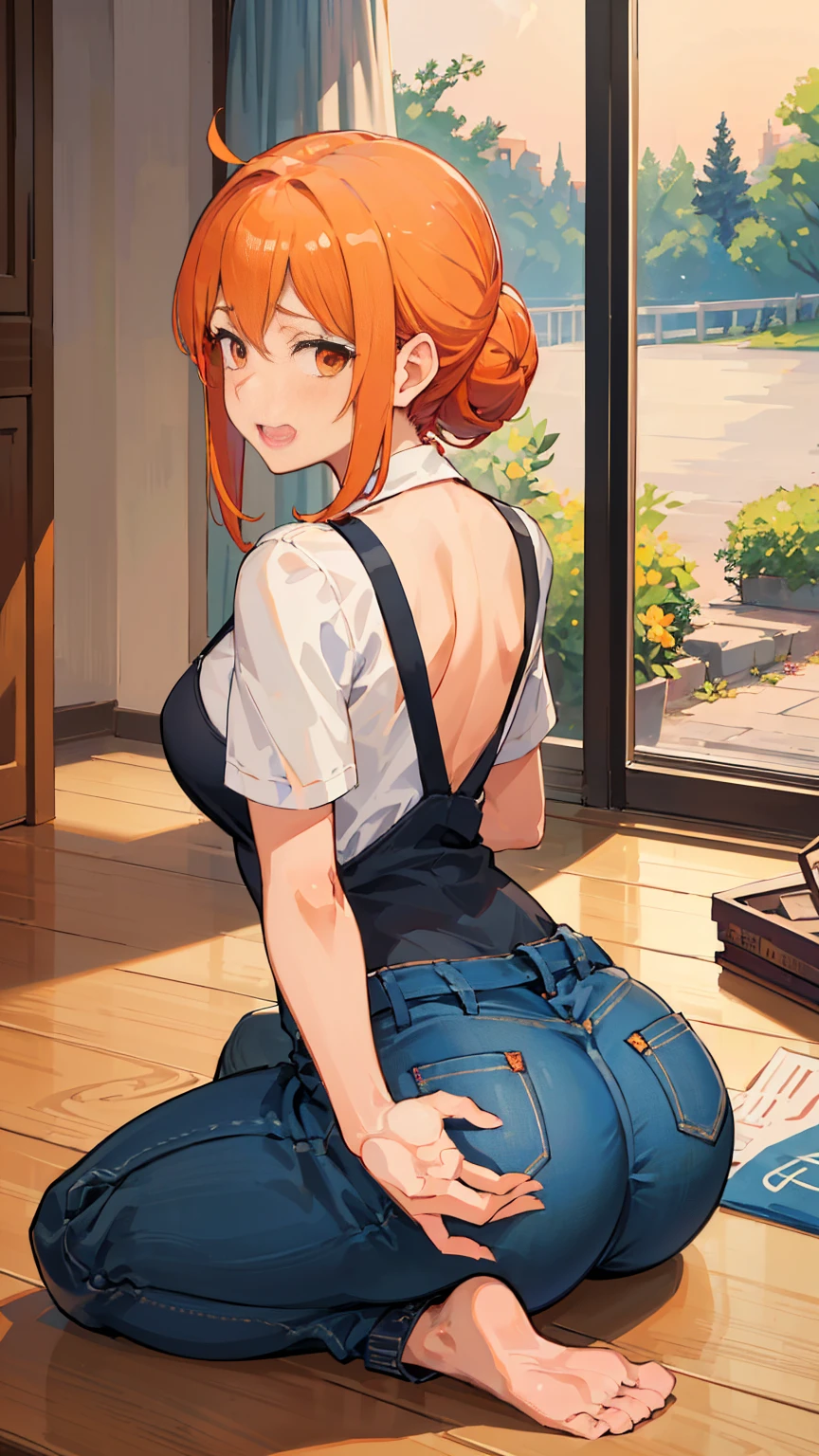 (Highest quality, 8k, masterpiece :1.3),Mrs. Yuigahama,ガハMom, As I expected, my youth romantic comedy is wrong。, One woman,Bun Hair,30 years old,Mom,Orange Hair,orgasm,Sexy pose,back,Big Ass,透けるTbackパンツ,