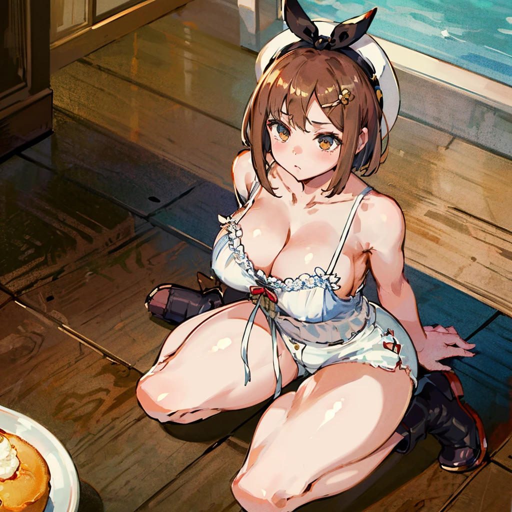 (Highest quality, 8k, masterpiece :1.3),Lizaリン・シュタウト(Lizaのアトリエ),Liza, One woman,Large Breasts,short hair,Brown Hair,hair band,Clothing,hat,White shirt,White camisole,Red shorts,Brown long boots,nsfw,Plump body,Thighs,,Armlock,