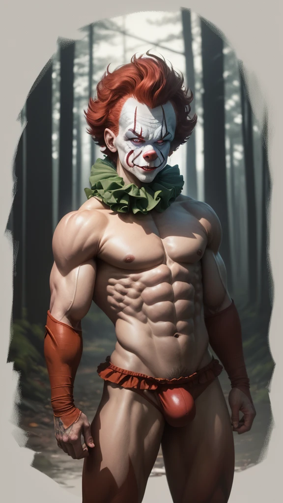 Muscular man dressed as Pennywise without shirt. The background is a dark forest.