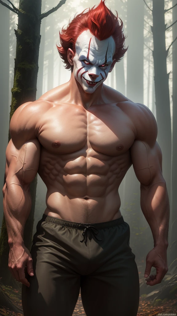 Muscular man dressed as Pennywise without shirt. The background is a dark forest.