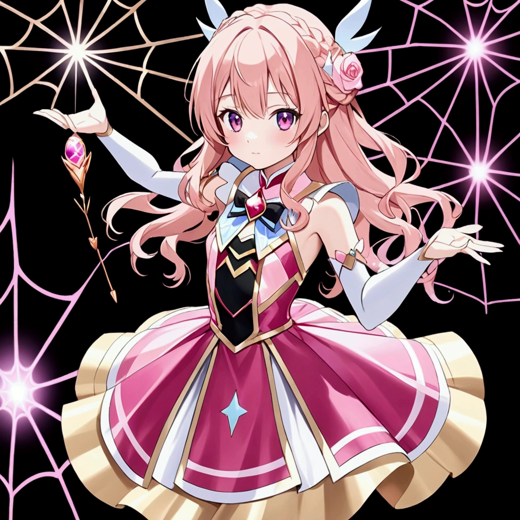 Anime-style girl with (((deep magenta eyes and long, wavy pink hair))) ((styled in an elegant French braid)). (((She is slender, and , with small breasts))). wearing a (((pink, gold, and rose gold color magical girl-themed outfit.))) ((The outfit features a spider and spider web theme.)) The overall look is regal and ethereal, with magical glowing effects. cutesexy, , a hyperrealistic , hyperrealistic , realistic , seductive (anime girl), smooth anime cg art, beautiful alluring anime , ((magical girl)), (masterpiece), best quality, expressive eyes, perfect face ((Highest quality))、((8K))、(((8k wallpaper))) ultra detailed, masterpiece, best quality, solo