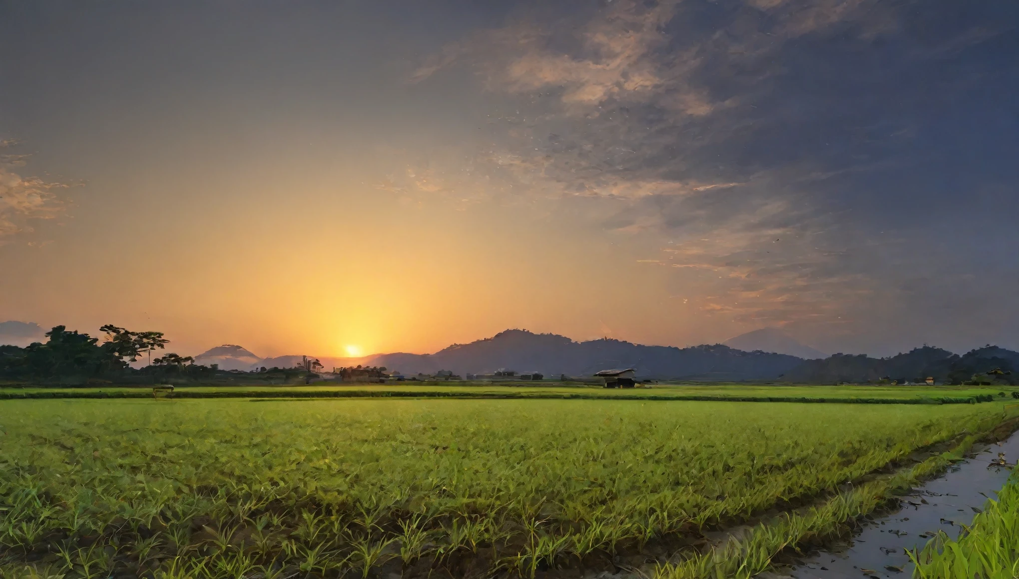 evening,Rural landscape,Azemichi,Paddy field,Highest quality, 8k, High resolution, masterpiece:1.2, Very detailed, Realistic:1.37, High resolution, 超High resolution, Very detailed, Professional, Vibrant colors