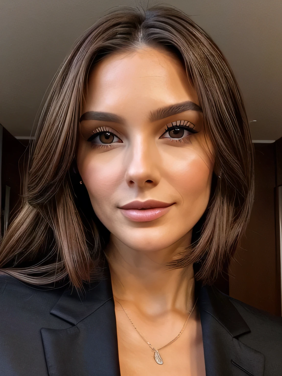 Create an image of a 25-year-old woman, hetero, with 1,75m tall and a highly defined body, at a business event. She is wearing an elegant dark-colored feminine suit, consisting of a fitted blazer and tailored trousers, that highlight your slender figure and toned muscles. Her light brown hair is tied up in a sophisticated bun., with a few loose strands framing your face. She&#39;s smiling professionally, with an expression of confidence and charisma. Your brown eyes are expressive and attentive, reflecting your intelligence and communication skills. Ao fundo, one can see a modern office environment, com mesas, chairs and co-workers talking. His posture is upright and elegant, with one hand holding a folder and the other resting at the side of the body. The image conveys a sense of professionalism, competence and charm, with woman standing out in a corporate environment.

Her face is a harmonious expression of beauty and strength. With oval shape, your cheekbones are pronounced, accentuating a sleek, symmetrical bone structure. Your eyes are big, a deep and expressive brown, reflecting your energetic and empathetic personality, MBTI ENFJ characteristics. The eyebrows are well shaped, providing an expression that is always attentive and engaging. The nose is small and straight, adding a touch of delicacy to your appearance. The mouth is full, with plump, naturally pink lips, that curve into a confident and welcoming smile. The jaw is defined, stark, but softened by a feminine lightness. Their ears are proportional and well contoured, framed by long hair, smooth and light brown, that complements your elegant and sophisticated style. Every detail of your face reveals the perfect combination of charm, Intelligence and determination.