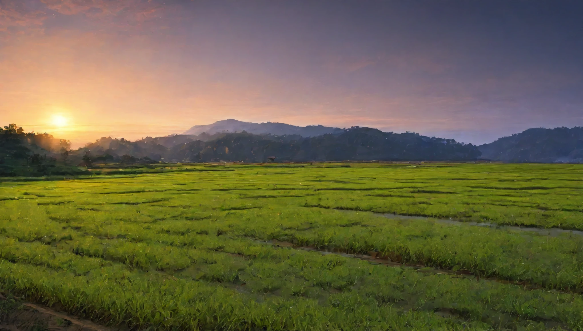 evening,Rural landscape,Azemichi,Paddy field,Highest quality, 8k, High resolution, masterpiece:1.2, Very detailed, Realistic:1.37, High resolution, 超High resolution, Very detailed, Professional, Vibrant colors