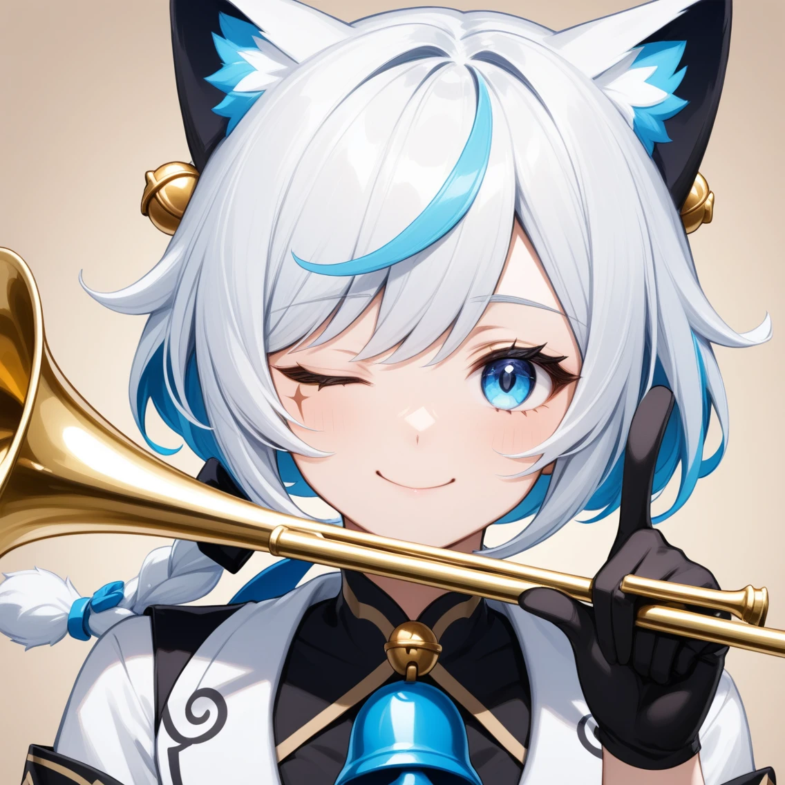 1 girl with short white hair，Cat ear,{employment \(Genshin Impact\)},Solitary,Smile, trumpet,{Blue Hair},bell,only_Shoulder,Black_Gloves,point to at viewer, Close one eye, Looking at the audience, Solitary, White hair, Shut up, Bangs, background, point to, Finger guns,portrait,thumbs up,Medium quality,masterpiece,scar