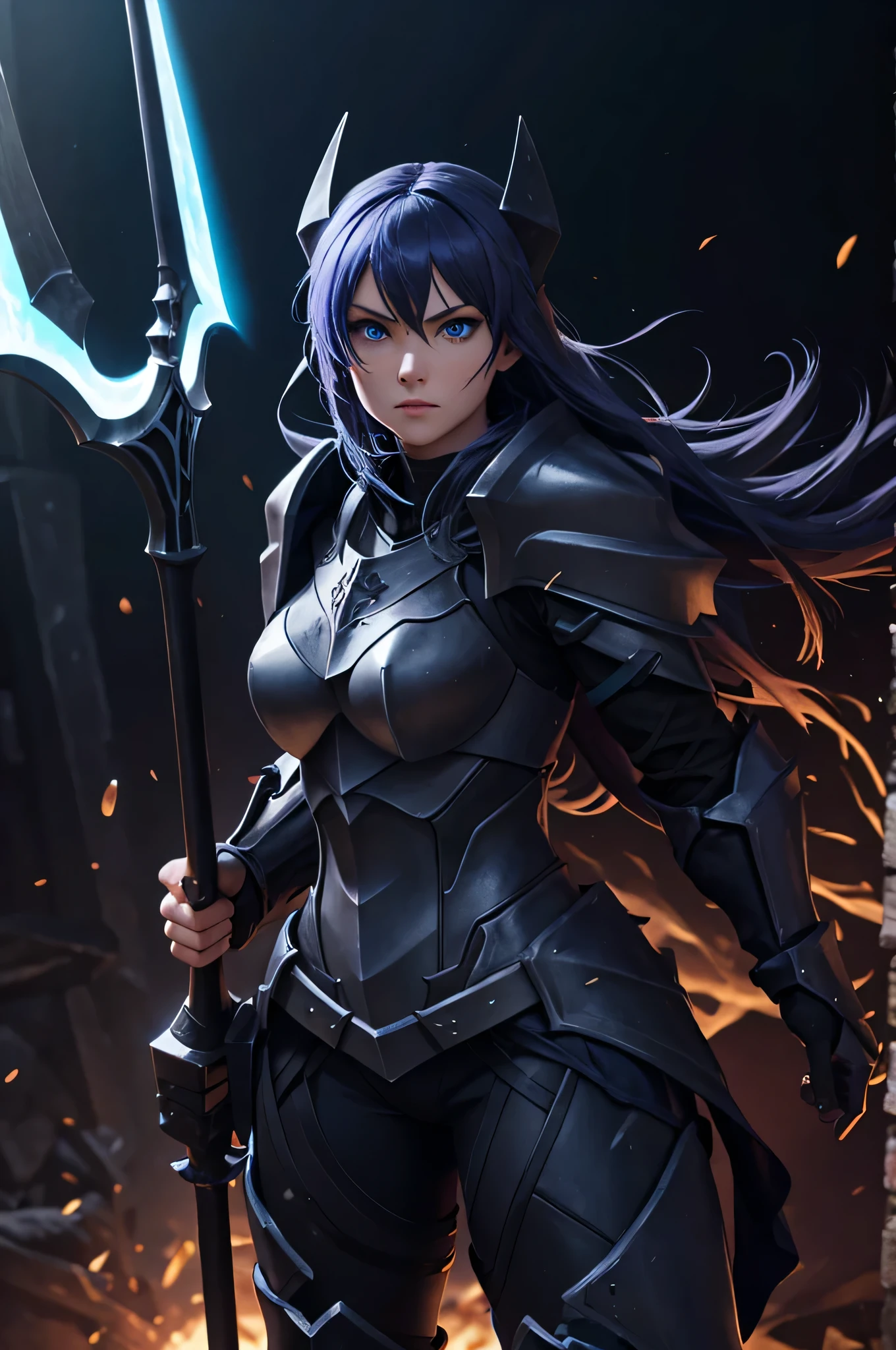 knightgirl, dark armor with blue flames, holding an ax decorated with lightning