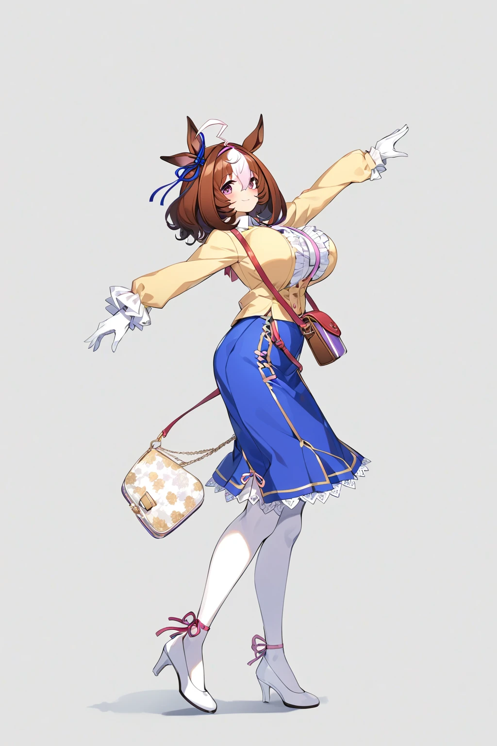 meisho doto \(umamusume\),white shirt, collared shirt, white gloves, shoulder bag, strap between breasts, blue skirt, long sleeves, white thighhighs, high heels, handbag, white footwear, center frills, sleeves past wrist,light smile,looking_at_viewer