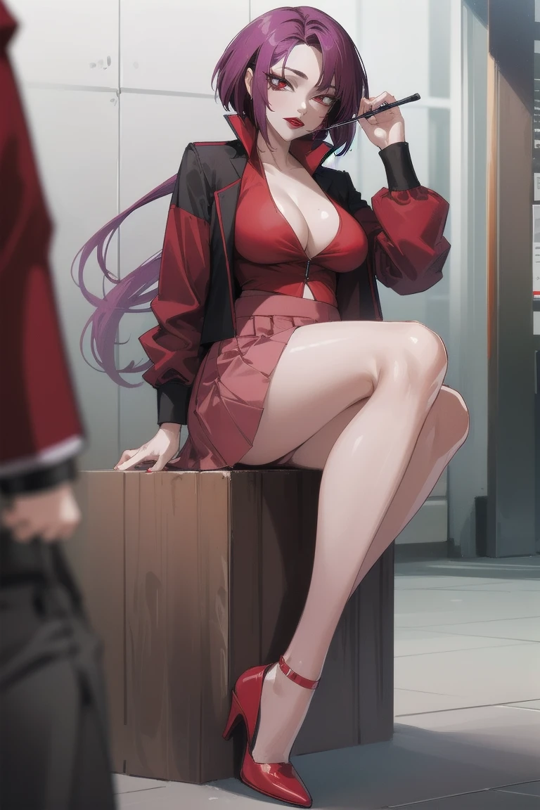 ((Highest quality)), ((masterpiece)), (Familiar), Hazy, Female,Mature Woman,Purple Hair, short hair, Low Ponytail, eye shadow, lipstick, Red eyes,Red Shirt,Red and black jacket,Large Breasts,Cleavage, White tight skirt,Red Heels