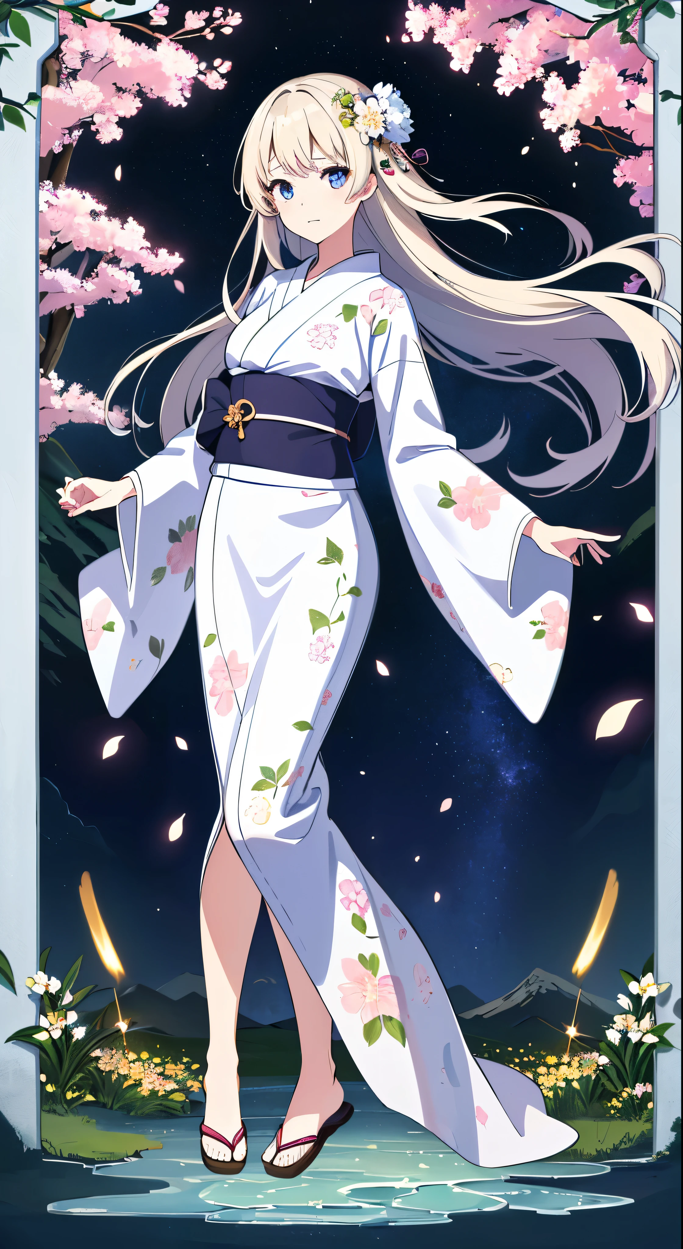 Highest quality、masterpiece、High resolution、1girl、Detailed face、(Full body high quality images:1.6)、In the moonlit forest、Mountains and Rivers、night、Firefly Light、Real、Rich in detail、(Yukata with white floral pattern:1.2)、(Beautiful body:1.4)、with high definition images，
