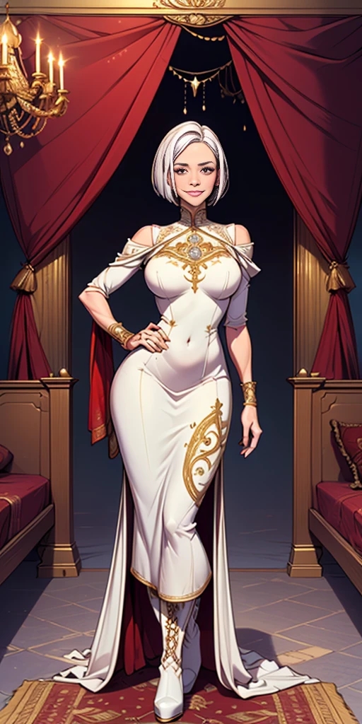 Setting: Royal bedroom - Grand, opulent, with rich fabrics and tapestries Character: Appearance: White hair - Short, styled in a sharp bob Full figure - Curvaceous Attire: High boots - Leather, reaching up the calves Elegant outfit - Befitting the royal setting (consider a dress, gown, or ensemble) Red tattoo - Delicate design on the navel Face - A confident smirk plays on her lips, eyes sparkling with amusement Pose: Full body - Standing tall Hands - Resting on hips in a commanding posture Additional details: (add to the background a four-poster bed, a plush rug, ornate furniture)