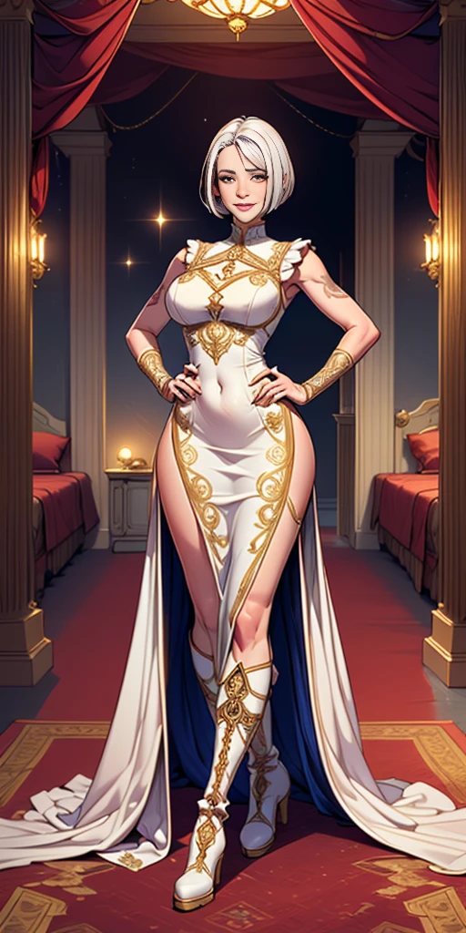 Setting: Royal bedroom - Grand, opulent, with rich fabrics and tapestries Character: Appearance: White hair - Short, styled in a sharp bob Full figure - Curvaceous Attire: High boots - Leather, reaching up the calves Elegant outfit - Befitting the royal setting (consider a dress, gown, or ensemble) Red tattoo - Delicate design on the navel Face - A confident smirk plays on her lips, eyes sparkling with amusement Pose: Full body - Standing tall Hands - Resting on hips in a commanding posture Additional details: (add to the background a four-poster bed, a plush rug, ornate furniture)