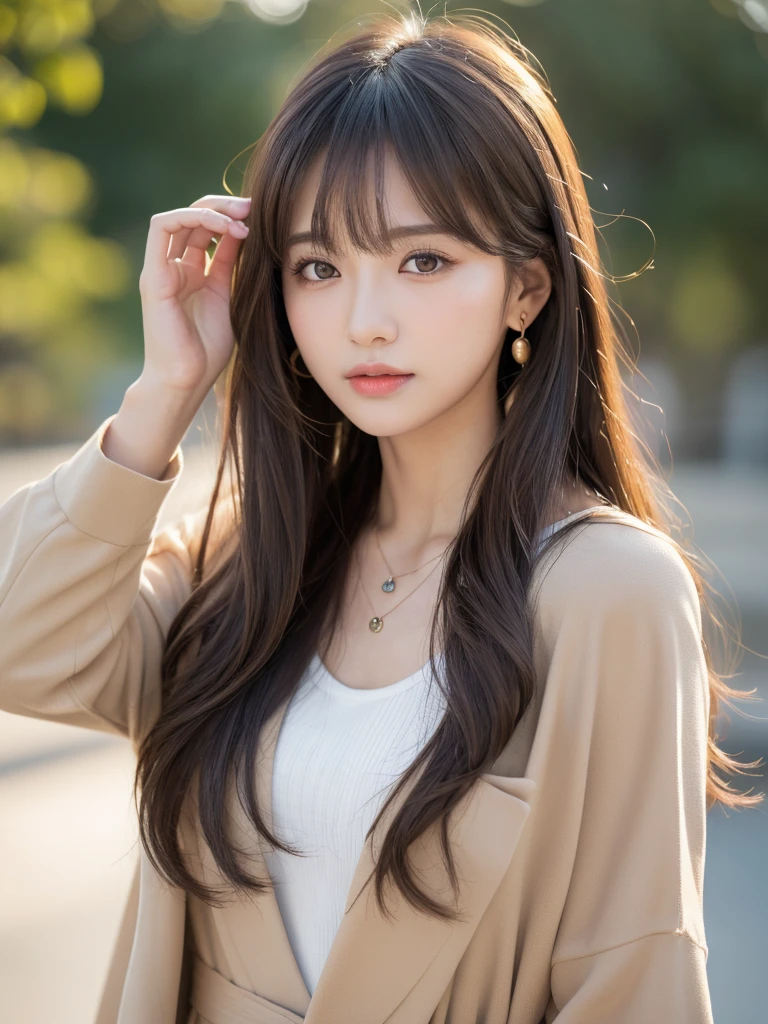 ((Highest quality, 8k, masterpiece:1.3)), concentrate: 1.2, Perfect body beauty: 1.4, Hips: 1.2, ((Long Hair, chest: 1.2)), (Dry clothes: 1.1) , (clear, Simple Background:1.3), Simple clothes: 1.1, Highly detailed face and skin texture,Delicate eyes, double eyelid, Whitened skin, Rough skin、Long Hair、Earrings with bangs、necklace、 solo、Beige coat、White shirt, (((Beautiful girl with cute Japan)))、 ((Beautiful Japanese girl 20 years old))、 ((Baby Face))、 (((Slender body)))、 Upper Body,Face focus、necklace,Simple Background,From above, Realistic Hair、 A photograph was taken:Canon EOS R6、135mm、1/1250 seconds、f2.8、ISO400、(Detailed explanation of the hand)、(Masseter muscle area)、(Exquisite CG)、Long Hair, loose and curly hair、Korean Hair、Long Hair明るいベージュ色、グラデーションハイライトグレージュのゆるふわLong Hairスタイル、